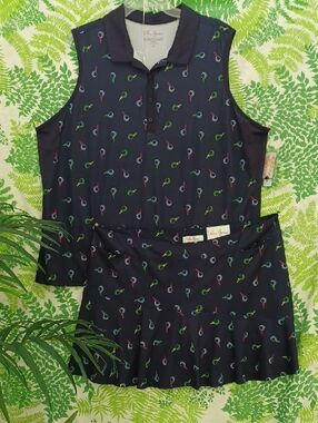 NWT Lillie Green Navy Sleeveless Polo and Skort in Tennis Racket Print. 2X & XL